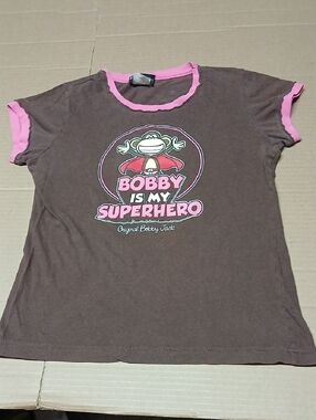 Bobby Jack Is My Superhero Brown & Pink 2-Sided Ringer Graphic Tee T-Shirt Y2K
